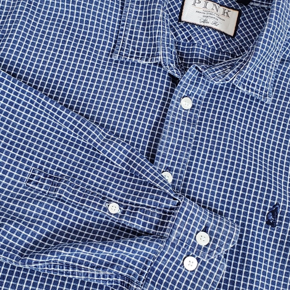 Thomas Pink Men's Button Up Shirt Size Medium SLIM‎ Blue White Check Long Sleeve
